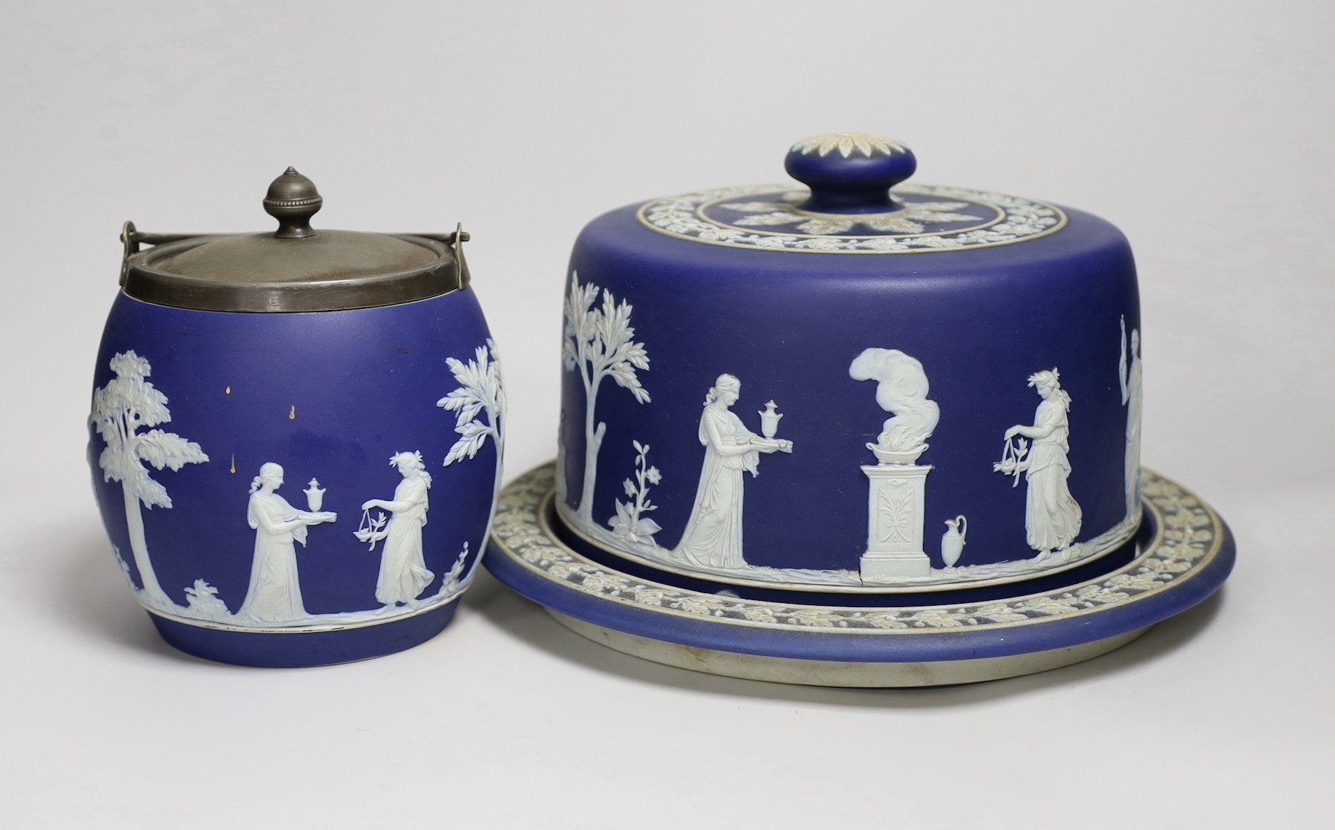 A Wedgwood jasper ware cheese dome and biscuit barrel